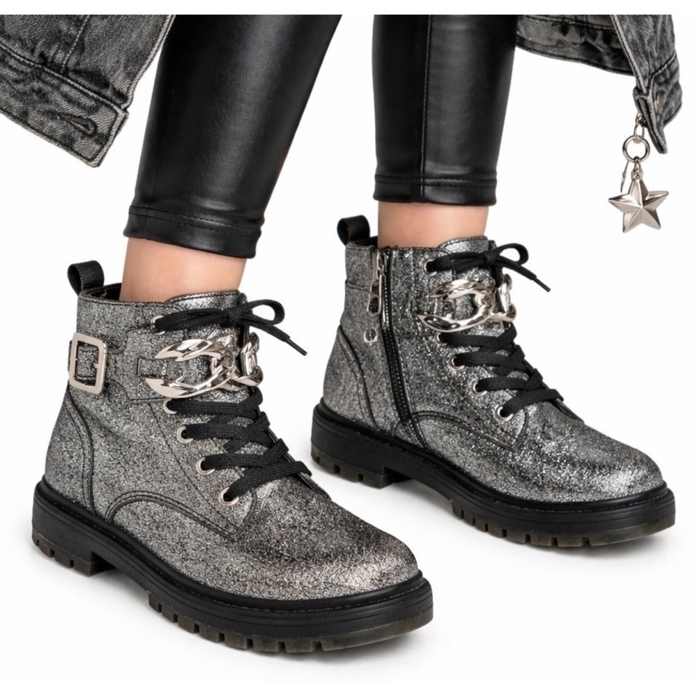 NINA Weslyn Glitter Combat Boots Girl sz 13 Silver Metallic Ankle Bootie Chain